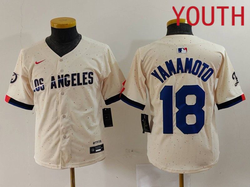 Youth Los Angeles Dodgers 18 Yamamoto Cream Fashion Nike Game MLB Jersey style 701